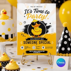 Op de afbeelding: Een rechthoekig uitnodigingsbord voor een feest met een gele eend met een zwarte zonnebril in het midden. De tekst luidt: You're invited! It's Time to Party! Celebrating Someone Special, Saturday October 25th 2025, 3:00 PM, 123 Celebration Way, RSVP to James at (555) 123-4587 by October 15th.