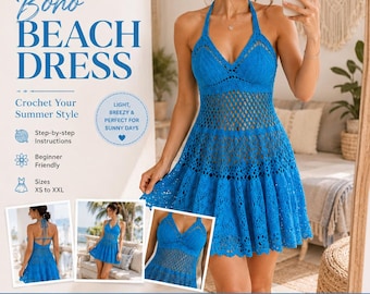 Wzór na szydełkową sukienkę plażową w stylu boho w formacie PDF, letnia narzutka z ażurowym dekoltem typu halter (do natychmiastowego pobrania)
