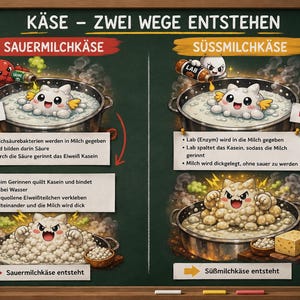 Könnte beinhalten: Eine grüne Tafel mit der Überschrift KÄSE - ZWEI WEGE ENTSTEHEN, die die Herstellung von SAUERMILCHKÄSE und SÜSSMILCHKÄSE zeigt. Die Grafik enthält Zeichentrickfiguren, Milchtöpfe und Text, der die chemischen Prozesse der Kaseinkoagulation erklärt.