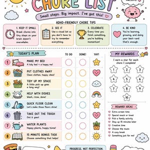Op de afbeelding: Een kleurrijke takenlijst getiteld My Awesome Chore List met secties voor ADHD-vriendelijke tips, een genummerd dagplan met iconen voor taken zoals het bed opmaken, een beloningssysteem met tien sterren en motiverende teksten.