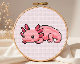Pink Axolotl Counted Cross Stitch Pattern • Ocean Creature Embroidery (PDF Download)