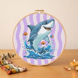 Shark Cross Stitch Pattern, 176 x 200 Counted Chart PDF with 15 DMC Colors