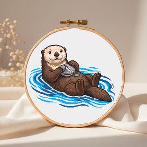 Otter with Shell Counted Cross Stitch Pattern PDF • Sea Otter Embroidery • Ocean Animal Decor