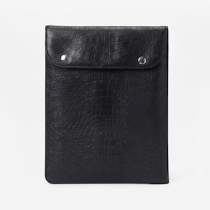 Black Crocodile Leather Laptop Sleeve | Minimalist Envelope Portfolio | Slim Tech Protective Case