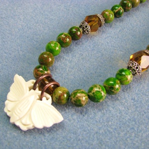 Butterfly Moth Necklace, Green Jasper Gemstone Jewelry, Sterling Silver Clasp image 5