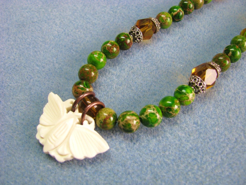 Butterfly Moth Necklace, Green Jasper Gemstone Jewelry, Sterling Silver Clasp image 5