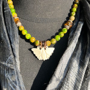 Butterfly Moth Necklace, Green Jasper Gemstone Jewelry, Sterling Silver Clasp image 1