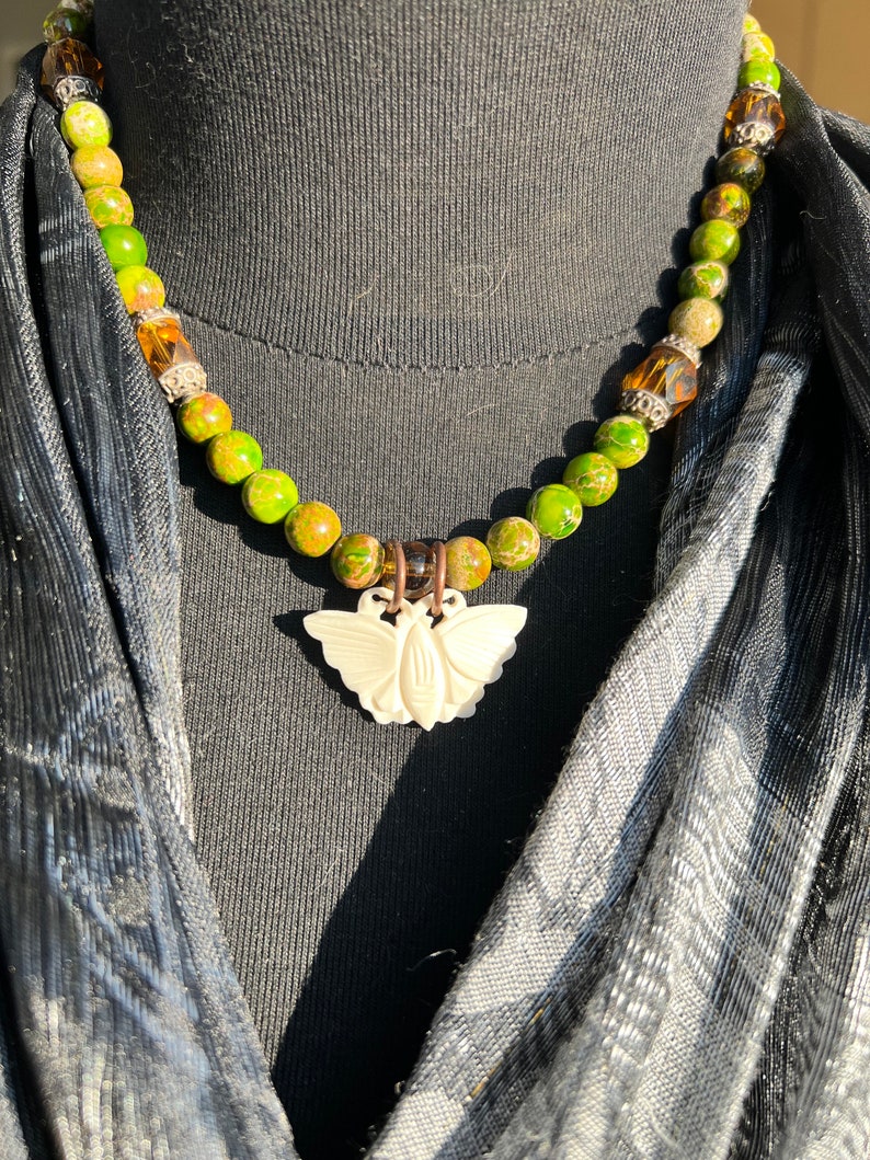 Butterfly Moth Necklace, Green Jasper Gemstone Jewelry, Sterling Silver Clasp image 1