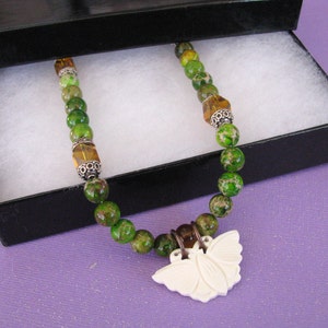 Butterfly Moth Necklace, Green Jasper Gemstone Jewelry, Sterling Silver Clasp image 4