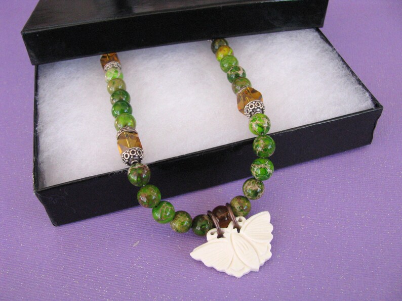 Butterfly Moth Necklace, Green Jasper Gemstone Jewelry, Sterling Silver Clasp image 4