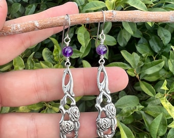 Amethyst Silverware Roses Dangle Earrings