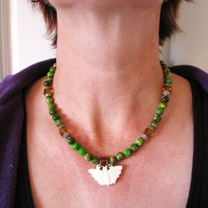 Butterfly Moth Necklace, Green Jasper Gemstone Jewelry, Sterling Silver Clasp image 6