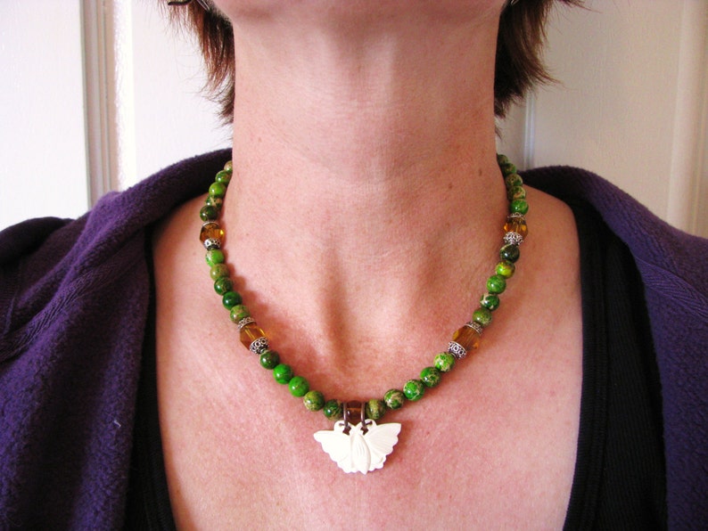 Butterfly Moth Necklace, Green Jasper Gemstone Jewelry, Sterling Silver Clasp image 6