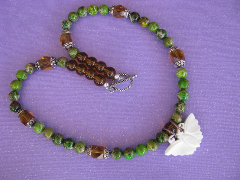 Butterfly Moth Necklace, Green Jasper Gemstone Jewelry, Sterling Silver Clasp image 3