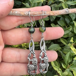 Jade Silverware Roses Dangle Earrings