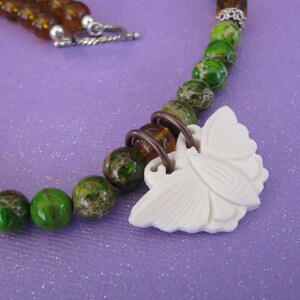 Butterfly Moth Necklace, Green Jasper Gemstone Jewelry, Sterling Silver Clasp image 2