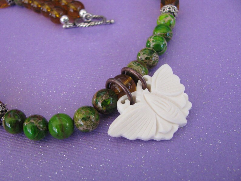 Butterfly Moth Necklace, Green Jasper Gemstone Jewelry, Sterling Silver Clasp image 2