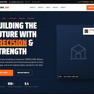 以下が含まれることがあります： Ferro Coreのウェブサイトのランディングページで、ダークブルーの背景に白とオレンジのテキストが表示されています。ヘッダーには会社名、ナビゲーションリンク、見積もり依頼ボタンがあります。メインテキストにはBuilding the Future with Precision and Strengthと書かれ、その後に産業サービスの説明が続きます。右側には、建物のアイコンとISO 45001安全バッジが付いた正方形のグラフィックが表示されています。