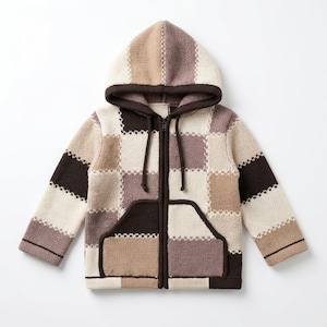 May include: A long-sleeve knit zip-up hoodie featuring a patchwork pattern of cream, tan, mauve, and dark brown squares. The garment includes a front zipper closure, a hood with drawstrings, and two front pockets with dark brown trim.