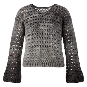 May include: A long-sleeved crochet sweater featuring an open-knit pattern and a gradient color transition from dark charcoal gray at the hem and cuffs to a lighter heather gray near the round neckline, showcasing a textured, airy construction.