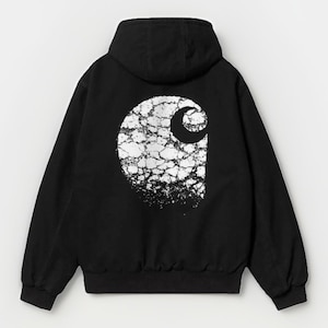 May include: A black hooded sweatshirt featuring a large, white, distressed circular graphic on the back. The graphic displays a cracked, weathered texture that forms a crescent shape within the circle, set against the solid black fabric.