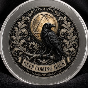 May include: A circular silver-toned medallion featuring a black raven perched on a branch against a gold moon and triangle background. The design includes ornate filigree borders and a banner with the text KEEP COMING BACK in black lettering.