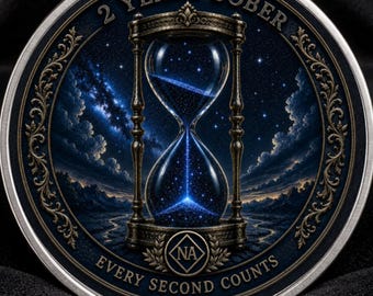 Op de afbeelding: Een ronde herdenkingsmunt met een zandloperontwerp tegen een achtergrond van een sterrenhemel. De tekst 2 YEARS SOBER staat bovenaan en EVERY SECOND COUNTS onderaan. Een NA-symbool is gecentreerd onder de zandloper op de munt.