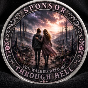 Op de afbeelding: Een ronde metalen munt met een centrale afbeelding van twee mensen die door een donker, desolaat landschap lopen bij zonsondergang. De tekst SPONSOR staat bovenaan en YOU WALKED WITH ME THROUGH HELL onderaan, omlijst door florale randen.