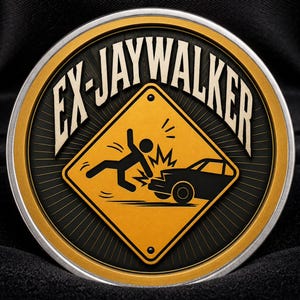 May include: A circular metal coin featuring a yellow diamond-shaped road sign graphic with a black silhouette of a person being struck by a car. The text EX-JAYWALKER is printed in a bold, arched font above the sign. The coin has a gold border.