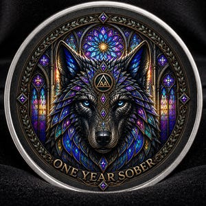 May include: A circular silver-toned medallion featuring a detailed wolf head illustration with blue and purple stained glass patterns. The text ONE YEAR SOBER is inscribed at the bottom, with a small triangle symbol centered above the wolf's head.