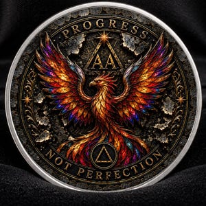 Peut inclure: Un médaillon circulaire représentant un phénix aux couleurs vives et aux ailes déployées. Au-dessus du phénix se trouve un triangle contenant les lettres AA, et en dessous un symbole triangulaire. Le texte PROGRESS NOT PERFECTION entoure le motif.