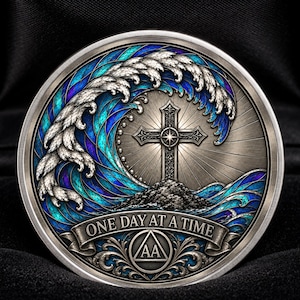 Könnte beinhalten: Eine kreisförmige, silberfarbene Medaille mit einem zentralen Kreuz vor einer stilisierten blau-weißen Meereswelle. Die Münze trägt den Text ONE DAY AT A TIME und ein AA-Dreieckssymbol am unteren Rand, präsentiert in einer schwarzen Box.