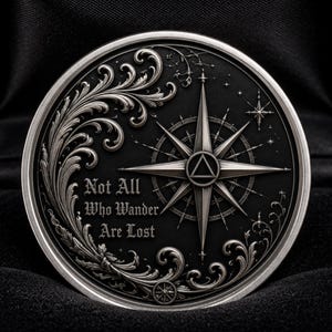 May include: A circular silver-toned metal coin featuring an embossed compass rose design, intricate filigree scrollwork, and the engraved text "Not All Who Wander Are Lost" set against a dark background, presented inside a black velvet-lined box.