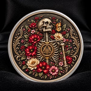 Könnte beinhalten: Eine kreisförmige Metallmünze mit einem detaillierten Relief eines menschlichen Skelettoberkörpers, umgeben von roten und cremefarbenen Blumen und einem Schmetterling. Ein goldenes Dreieck mit den Buchstaben AA ist auf dem Brustkorb zentriert.