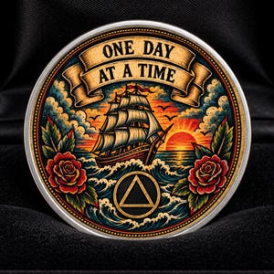 May include: A circular medallion featuring a colourful illustration of a sailing ship on the ocean at sunset, flanked by two red roses. Above the ship, a banner displays the text ONE DAY AT A TIME, and below, a gold triangle is centred.