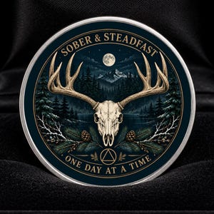 Könnte beinhalten: Eine kreisförmige Medaille mit einem Hirschschädel mit großem Geweih, zentriert vor einer dunklen Wald- und Berglandschaft unter einem Vollmond. Der Text SOBER & STEADFAST und ONE DAY AT A TIME umgibt das Bild mit einem Dreieckssymbol unten.