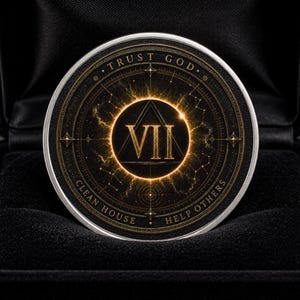 May include: A circular silver-toned medallion featuring a central gold-coloured Roman numeral VII inside a glowing triangle. The text TRUST GOD, CLEAN HOUSE, and HELP OTHERS is inscribed along the border. The medallion is displayed in a black box.