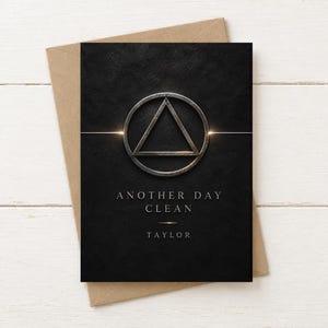 Può includere: Un biglietto d'auguri rettangolare nero con un emblema metallico argentato a forma di cerchio e triangolo nella parte superiore. Il testo "ANOTHER DAY CLEAN" è stampato in bianco sotto l'emblema, seguito dal nome "TAYLOR" in basso.