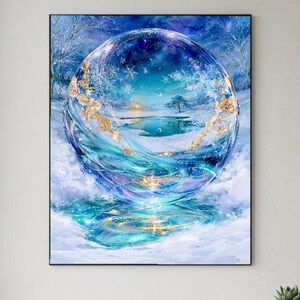 May include: A rectangular wall art print featuring a large, translucent blue sphere containing a winter landscape with a snowy field, a small tree, and a reflective pool. The sphere is decorated with gold leaf accents and snowflake patterns.