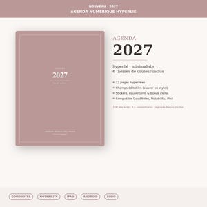 Peut inclure: Un agenda numérique mauve pour 2027 avec une couverture minimaliste portant le texte AGENDA 2027. Il comprend 22 pages hyperliées, des champs éditables, des autocollants et des couvertures, compatible avec GoodNotes, Notability, iPad, Android et Xodo.