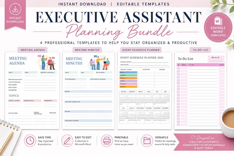 May include: An Executive Assistant Planning Bundle featuring four editable templates: Meeting Agenda, Meeting Minutes, Event Schedule Planner 2026, and To-Do List. The documents include sections for dates, times, topics, and project phases with a clean layout.