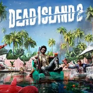 Può includere: Un'immagine promozionale del videogioco Dead Island 2 che mostra una piscina in un resort tropicale con palme, un grande salvagente a forma di fenicottero rosso e diverse figure in un ambiente caotico sotto un cielo blu con il titolo.