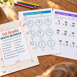 May include: A 1st Grade Math Bundle of printable worksheets featuring a cover page with a list of topics, a Telling Time worksheet with clock illustrations, and a 2-Digit Addition worksheet with math problems, all displayed on a wooden surface.