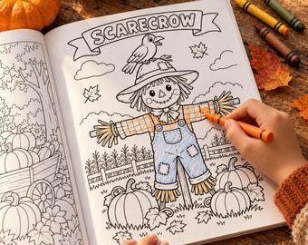 Op de afbeelding: Een kleurboekpagina met een vogelverschrikker-illustratie en de tekst SCARECROW in een banner. De vogelverschrikker draagt een hoed, een geruit overhemd en een tuinbroek. Een vogel zit op de hoed en er staan pompoenen aan de onderkant.