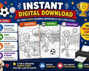 Op de afbeelding: Een digitale download sport kleurboekset met basketbal-, voetbal- en volleybalthema's. De afbeelding bevat instructies voor het downloaden, printen en inkleuren van de pagina's, samen met illustraties van sportballen, een trofee en een puppy.