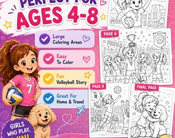 Op de afbeelding: Een volleybal-kleurboek voor kinderen met een getekend meisje in een roze shirt en een puppy. De kaft bevat de tekst PERFECT FOR AGES 4-8, Large Coloring Areas, Easy To Color, Fun Volleyball Story en 20 PAGES OF FUN.