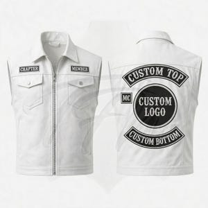 May include: A white sleeveless vest with a front zipper, two chest pockets, and collar. The front features black patches reading CHAPTER and MEMBER. The back displays a large circular patch with CUSTOM TOP, CUSTOM LOGO, and CUSTOM BOTTOM text.