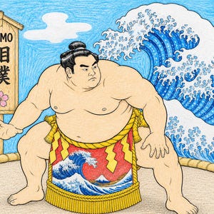 Könnte beinhalten: Eine Buntstiftzeichnung eines Sumoringers in geduckter Haltung auf einem Sandring. Der Ringer trägt eine rot-gelbe Schürze mit einem Wellen- und Bergmotiv. Ein Holzschild trägt die Aufschrift SUMO zusammen mit japanischen Schriftzeichen.