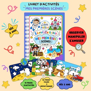 Peut inclure: Un livre d'activités à reliure spirale intitulé Livret d'activités Mes Premières Scènes avec des illustrations colorées d'un astronaute, d'un château et d'un pirate. Inclut trois cartes d'activités sur les thèmes de l'espace, de la ferme et du chantier.