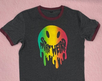 Stay Weird | acid smiley gradient hand printed cotton ringer tshirt